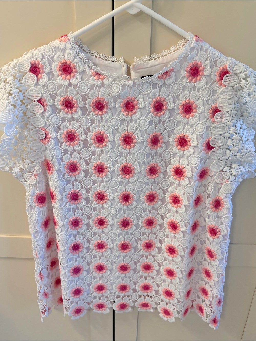 J. Crew White Lace Top with Pink Floral Crochet